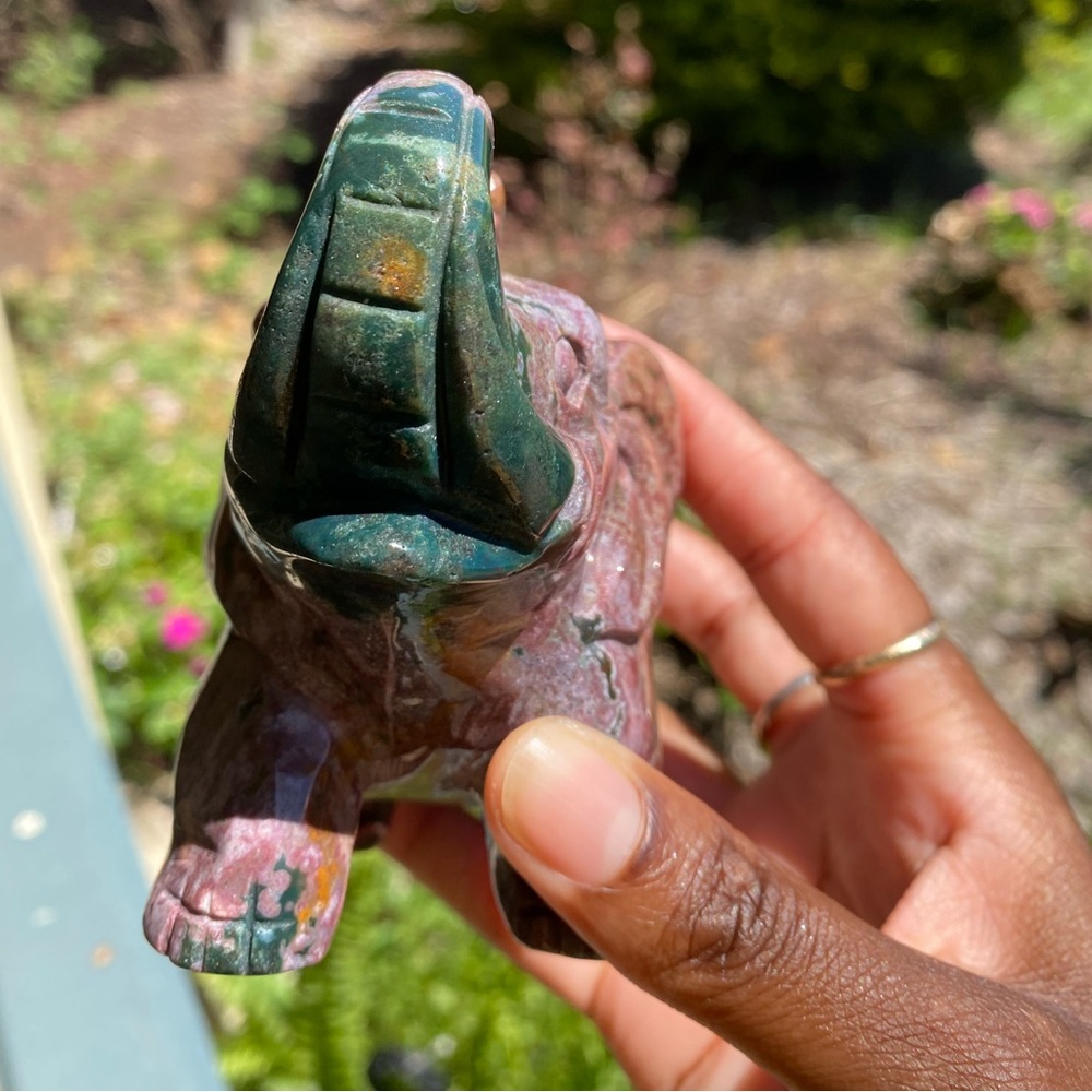 Natural, Colorful Orbicular Ocean Jasper Elephant Carving - Picture 6 of 8